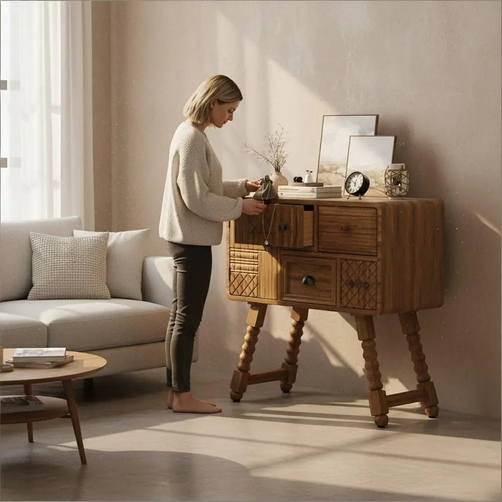 32" Sepia Solid Wood Console Accent Cabinet With Single Door And Four Drawers - NOVA HOME FURNITURE