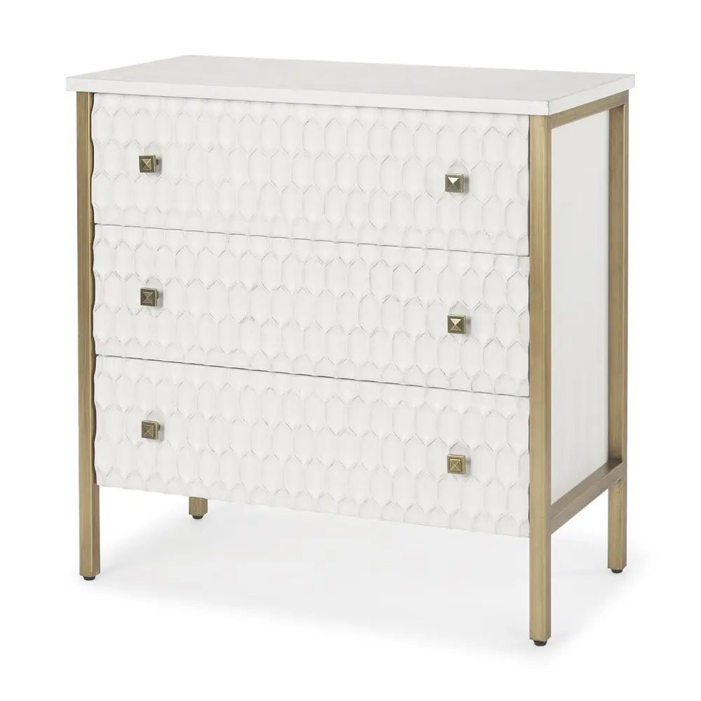 32" White and Gold Wood and Metal Carved Geometric Accent Cabinet With Three Drawers - NOBLE HOME INTERIORS