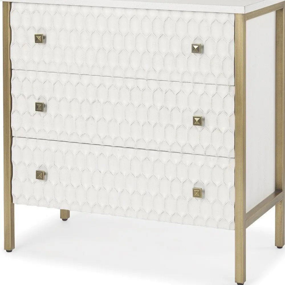 32" White and Gold Wood and Metal Carved Geometric Accent Cabinet With Three Drawers - NOBLE HOME INTERIORS