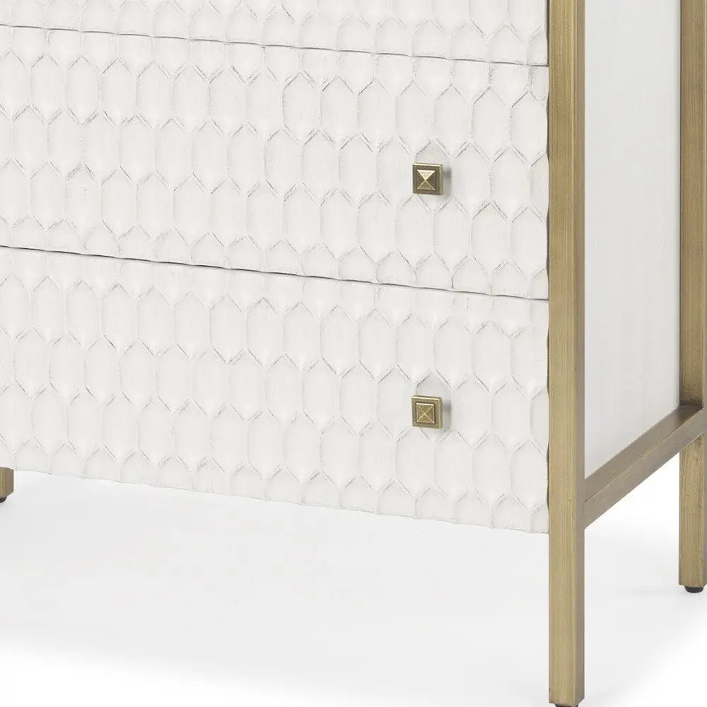 32" White and Gold Wood and Metal Carved Geometric Accent Cabinet With Three Drawers - NOBLE HOME INTERIORS