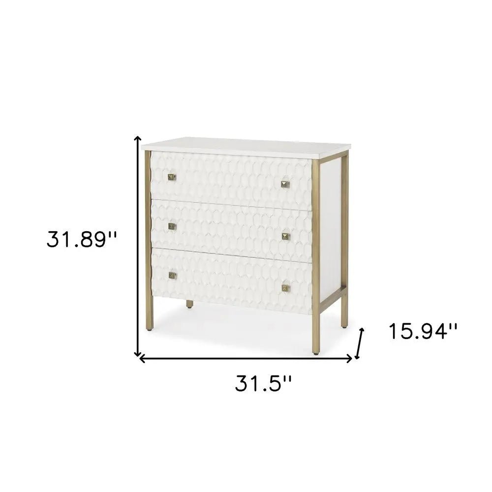 32" White and Gold Wood and Metal Carved Geometric Accent Cabinet With Three Drawers - NOBLE HOME INTERIORS