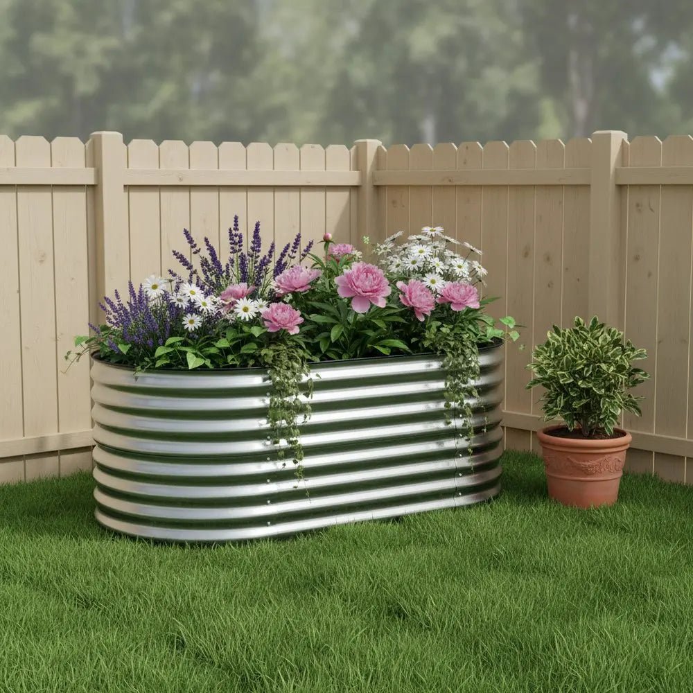 32" X 63" Silver Metal Oval Raised Garden Bed - NOBLE HOME INTERIORS