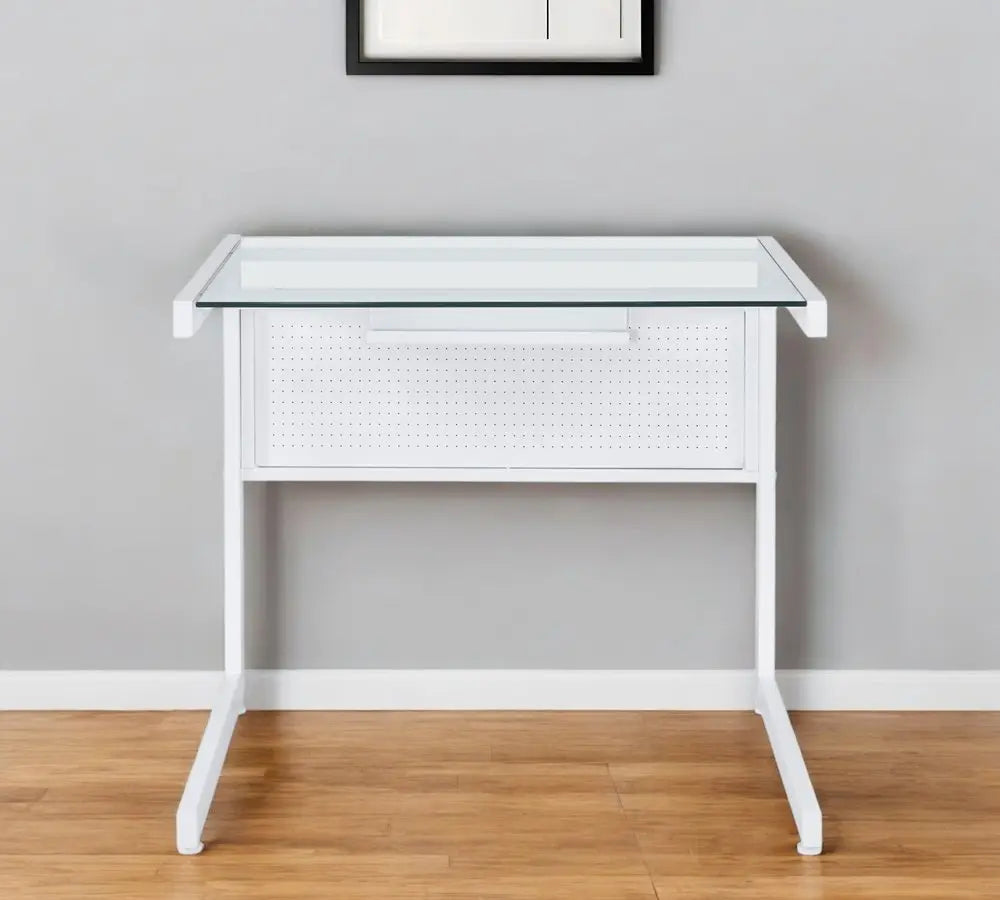 33" Clear and White Glass and Stainless Steel Writing Desk - NOBLE HOME INTERIORS