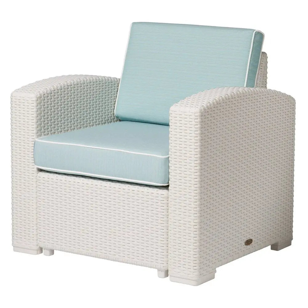 33" White Heavy Duty Plastic Outdoor Club Chair With Aqua Blue Cushion - NOBLE HOME INTERIORS