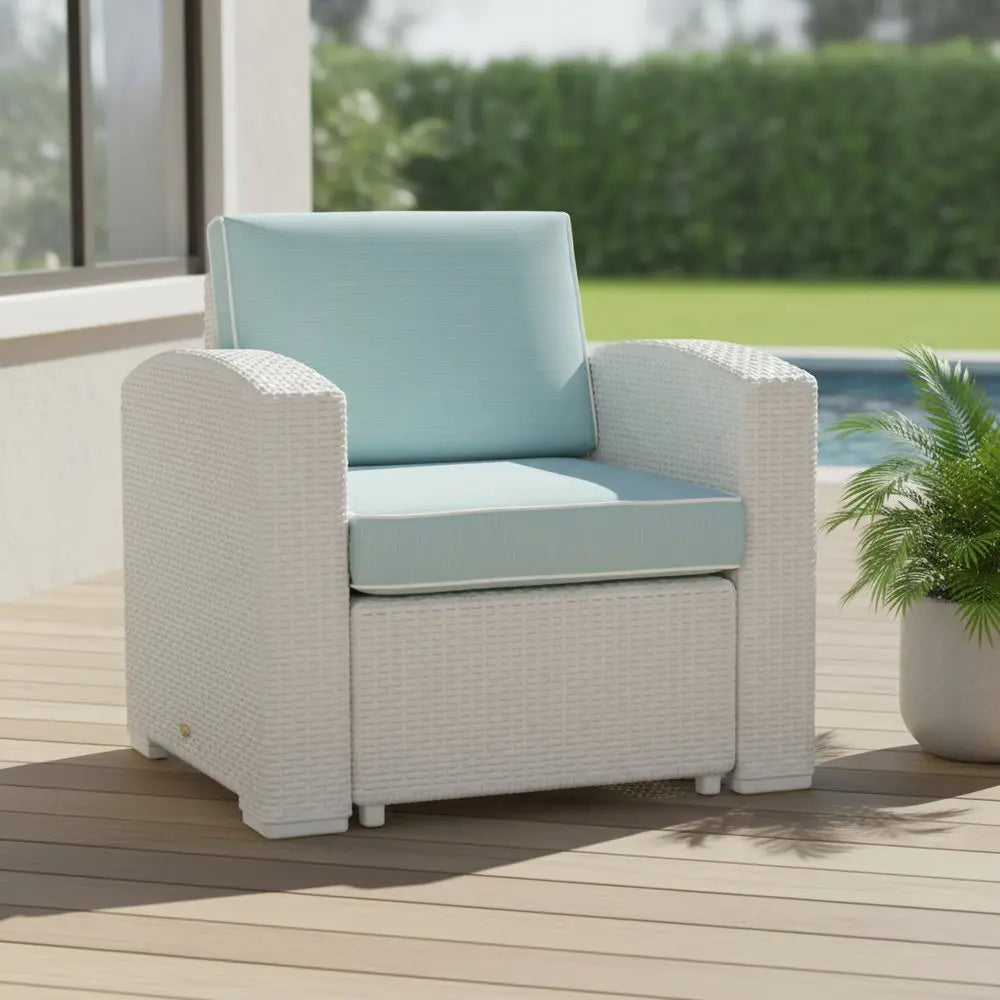 33" White Heavy Duty Plastic Outdoor Club Chair With Aqua Blue Cushion - NOBLE HOME INTERIORS