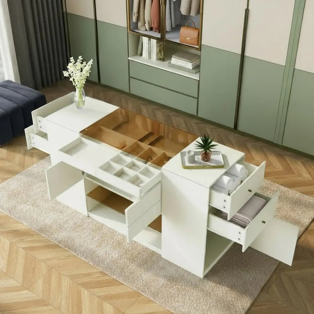 33" White Wood And Glass Six Drawer Island Vanity Dresser - NOBLE HOME INTERIORS