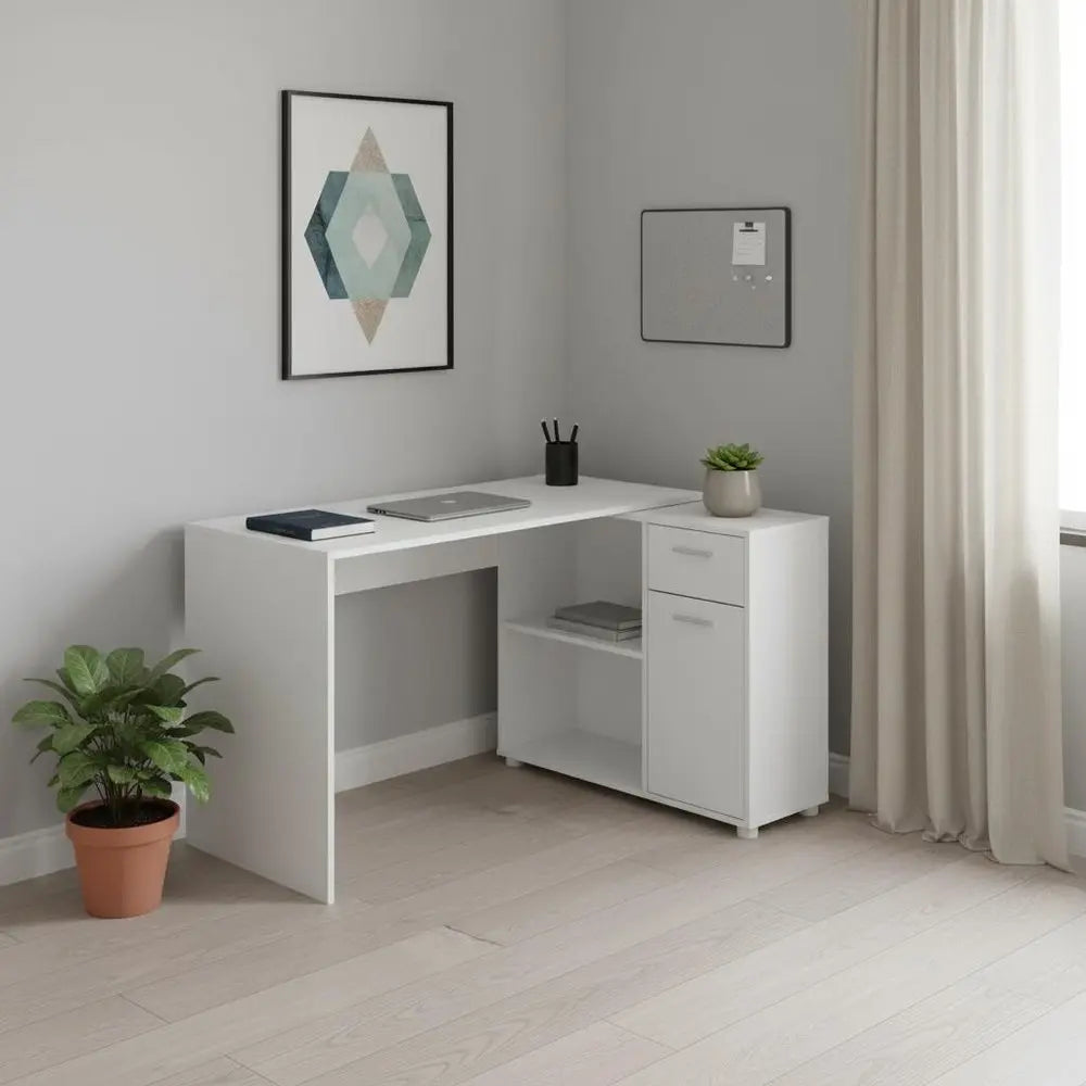 34" White L Shape Computer Desk With Two Drawers - NOBLE HOME INTERIORS