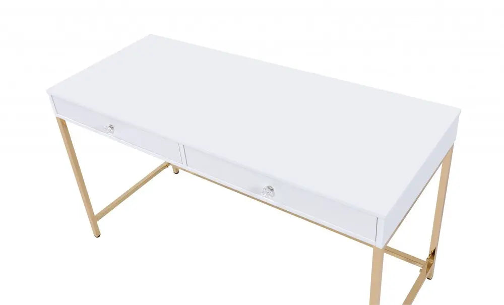 47" White and Gold Computer Desk With Two Drawers HomeRoots