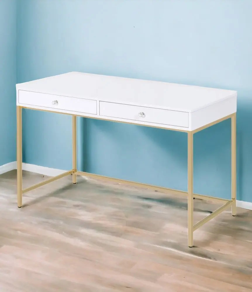 47" White and Gold Computer Desk With Two Drawers HomeRoots