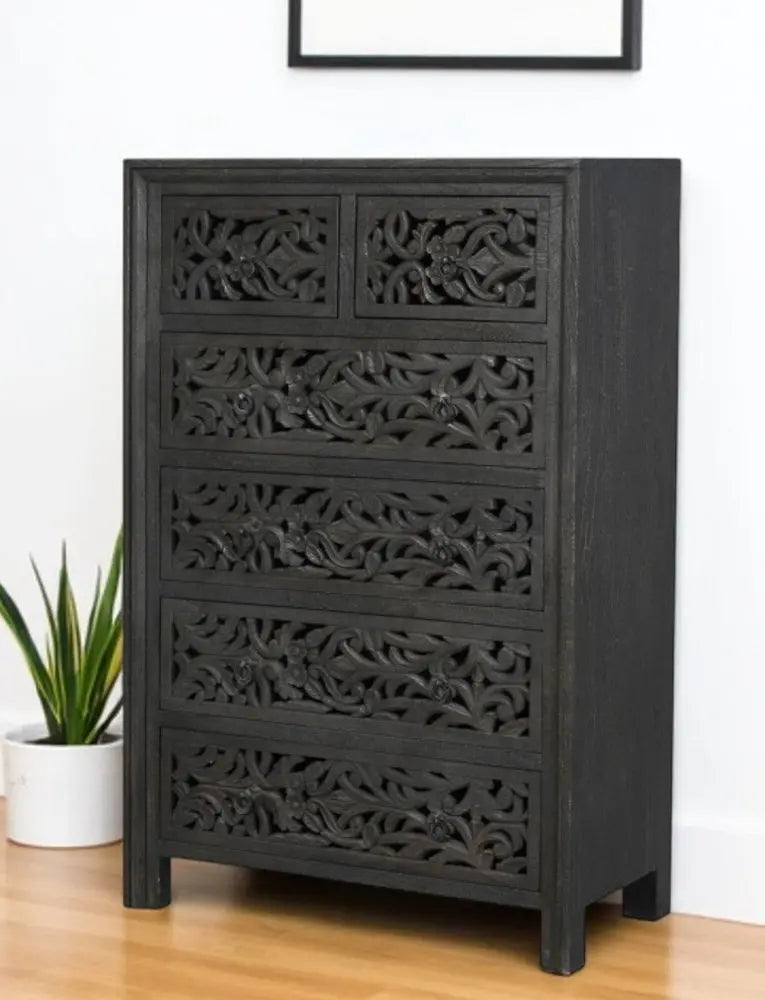 35" Black Carved Floral Solid Wood Six Drawer Dresser - NOBLE HOME INTERIORS