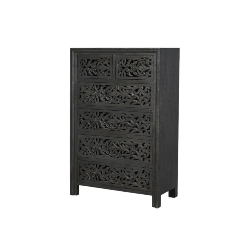 35" Black Carved Floral Solid Wood Six Drawer Dresser - NOBLE HOME INTERIORS