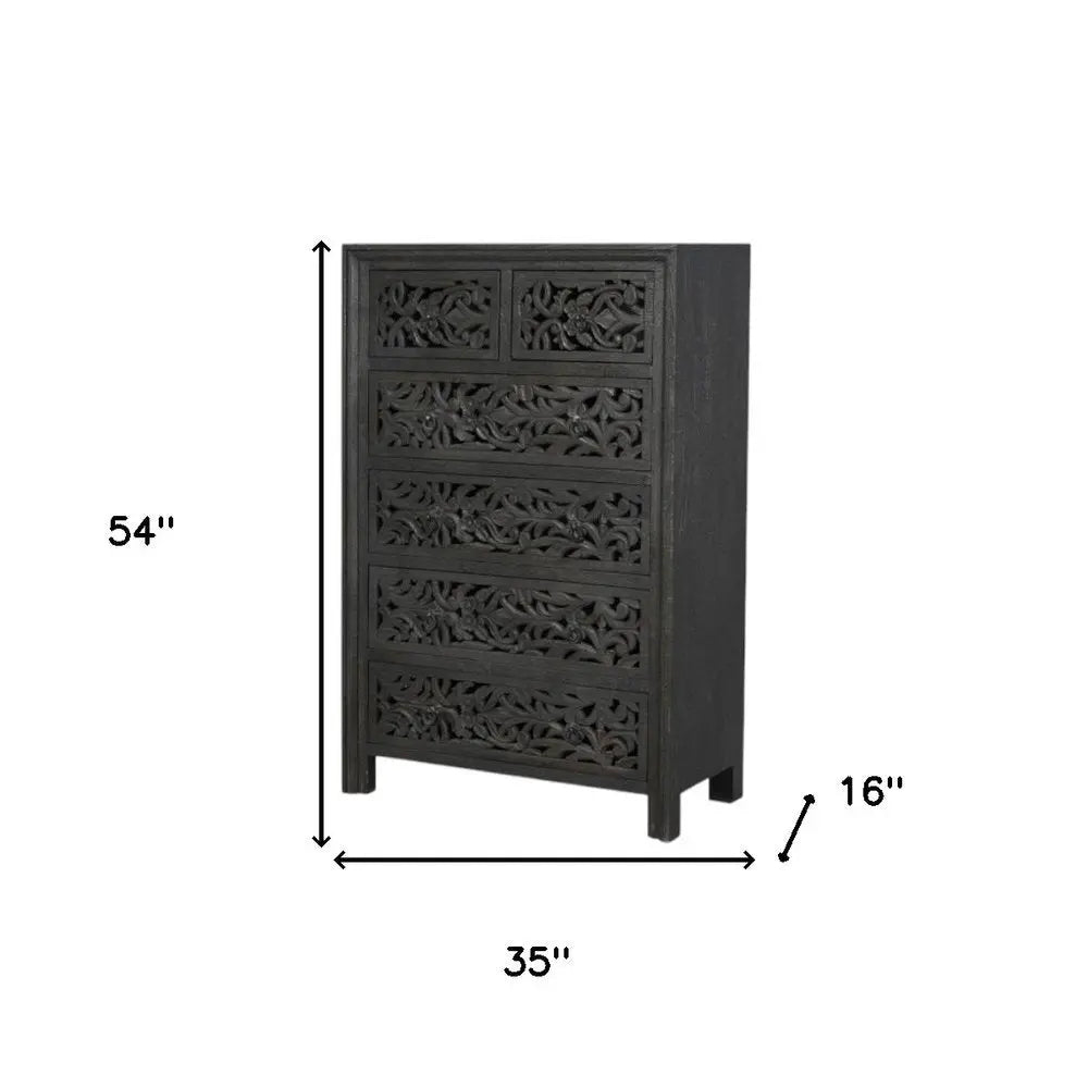35" Black Carved Floral Solid Wood Six Drawer Dresser - NOBLE HOME INTERIORS