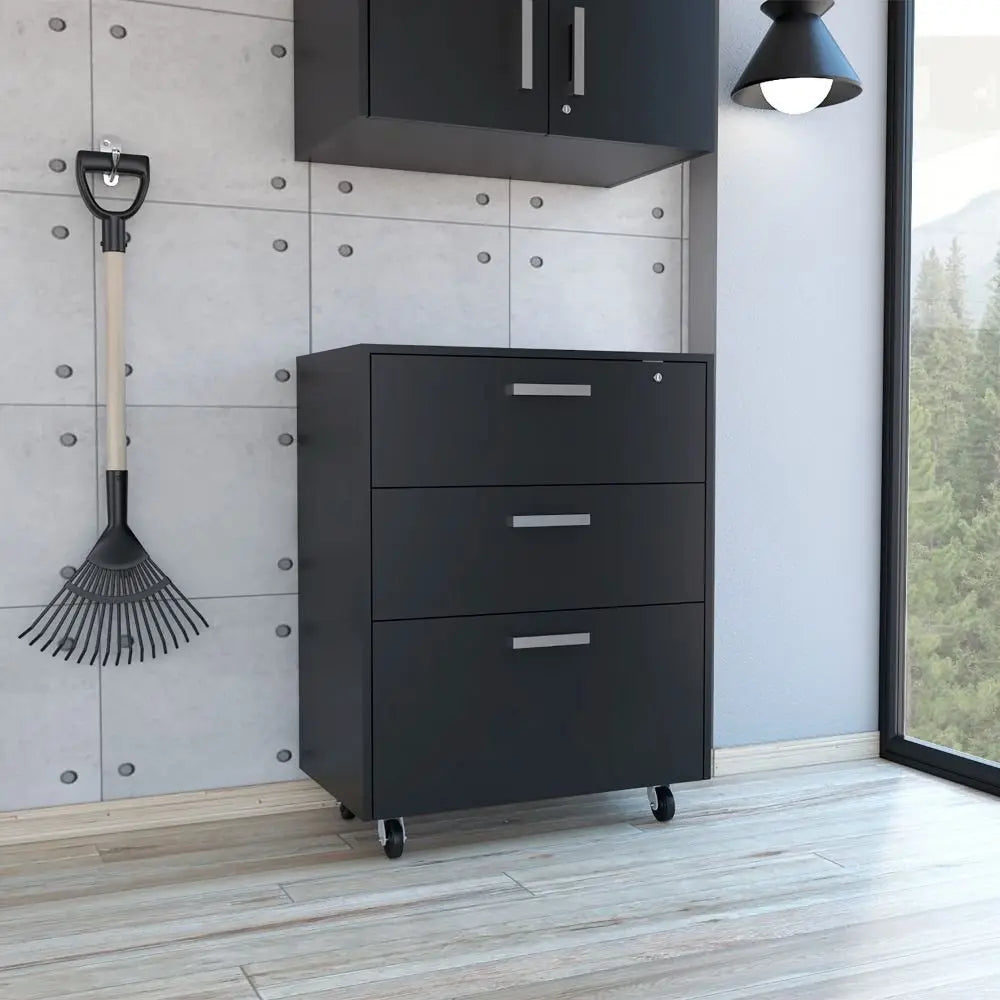 35" Black Wood Three Drawers Filing Cabinet - NOBLE HOME INTERIORS
