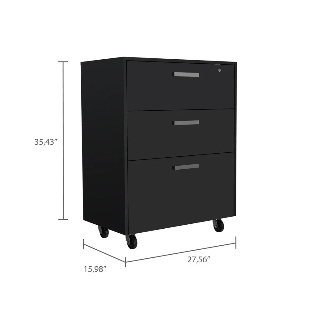 35" Black Wood Three Drawers Filing Cabinet - NOBLE HOME INTERIORS