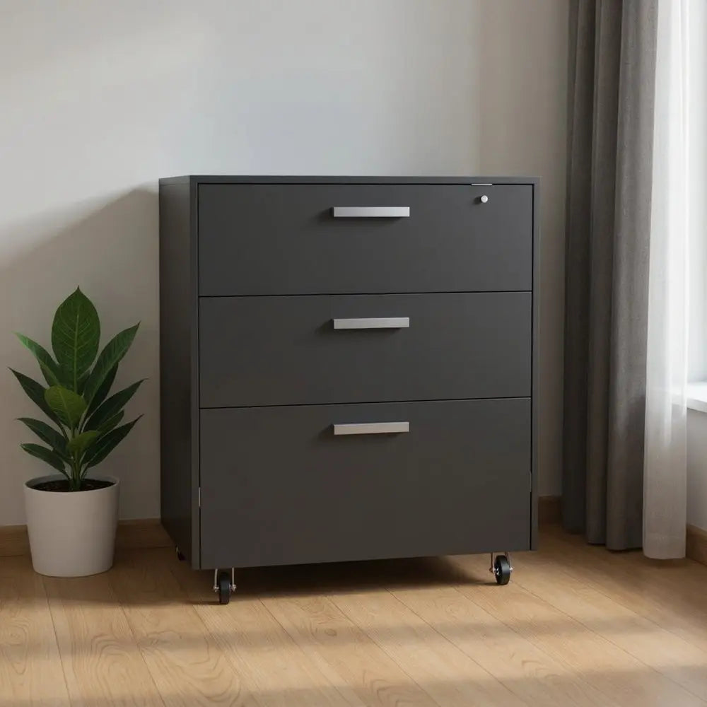 35" Black Wood Three Drawers Filing Cabinet - NOBLE HOME INTERIORS