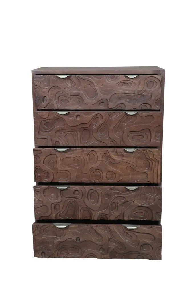 35" Brown Carved Abstract Solid Wood Five Drawer Dresser - NOBLE HOME INTERIORS