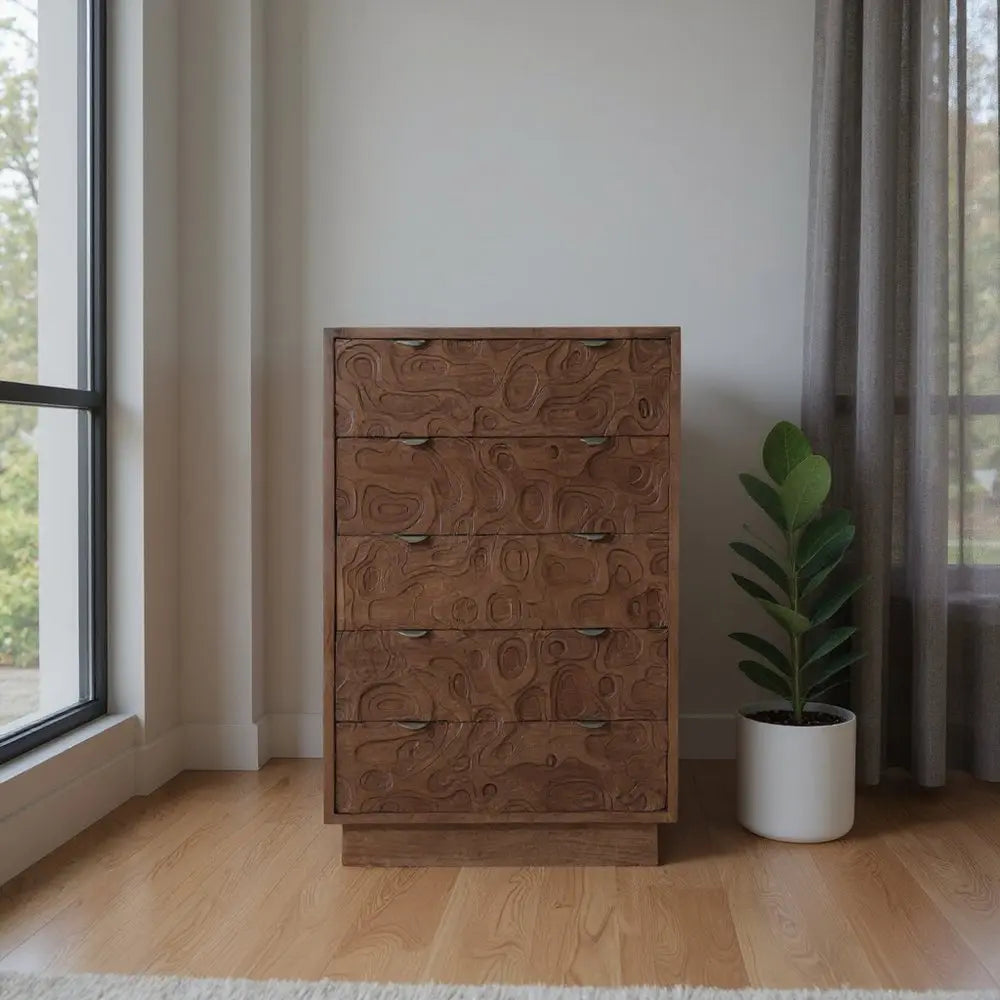 35" Brown Carved Abstract Solid Wood Five Drawer Dresser - NOBLE HOME INTERIORS