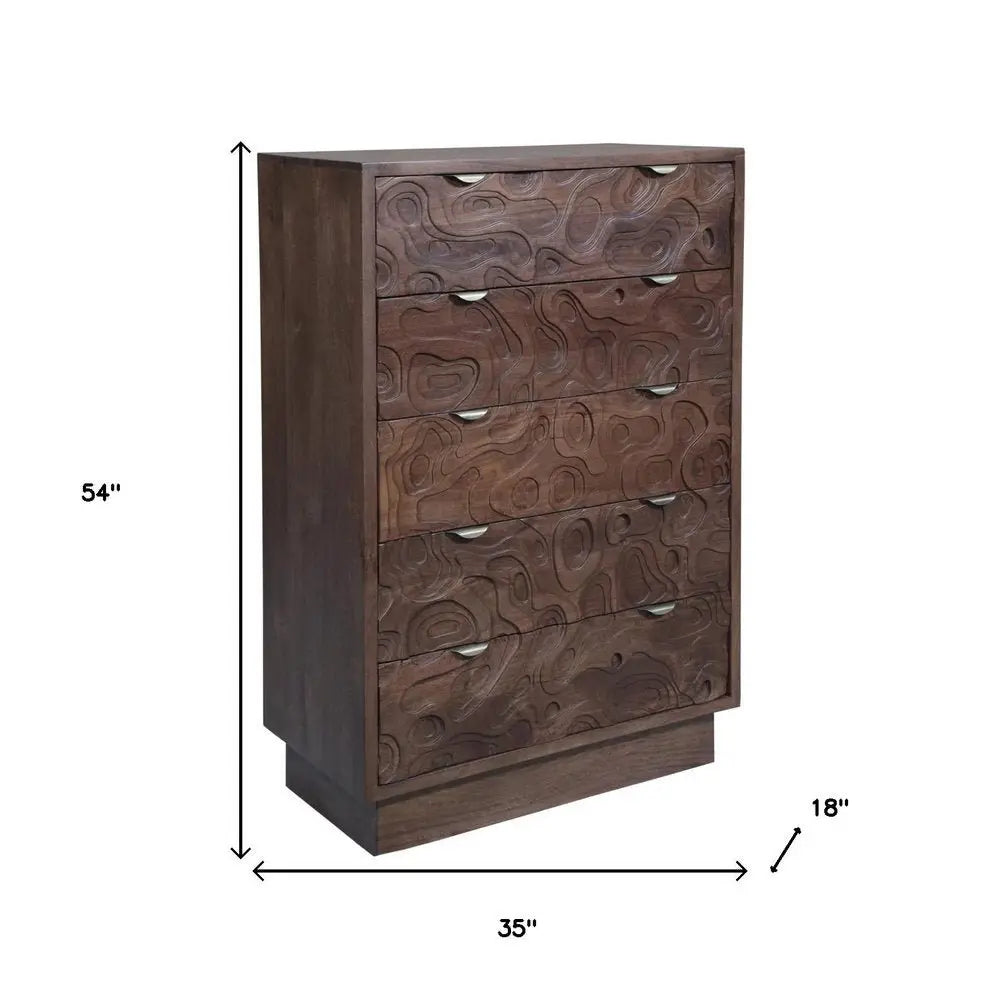 35" Brown Carved Abstract Solid Wood Five Drawer Dresser - NOBLE HOME INTERIORS