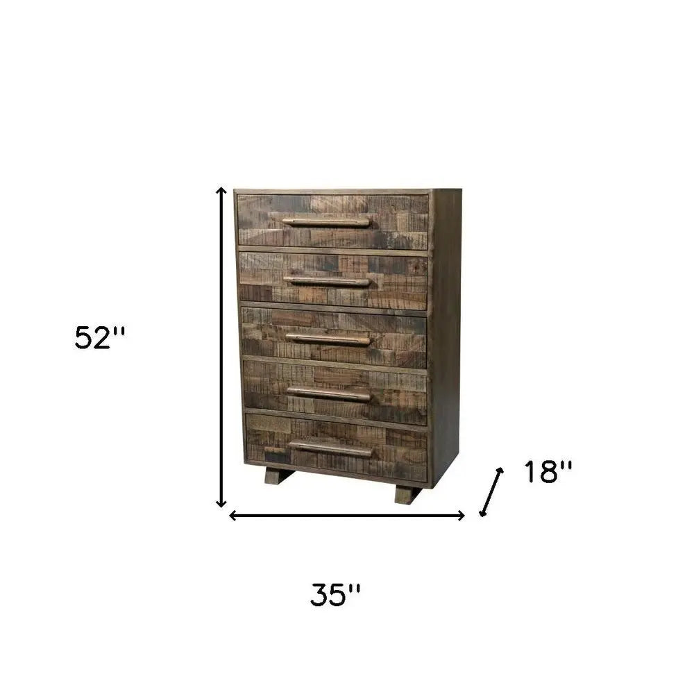 35" Brown Carved Geometric Solid Wood Five Drawer Dresser - NOBLE HOME INTERIORS