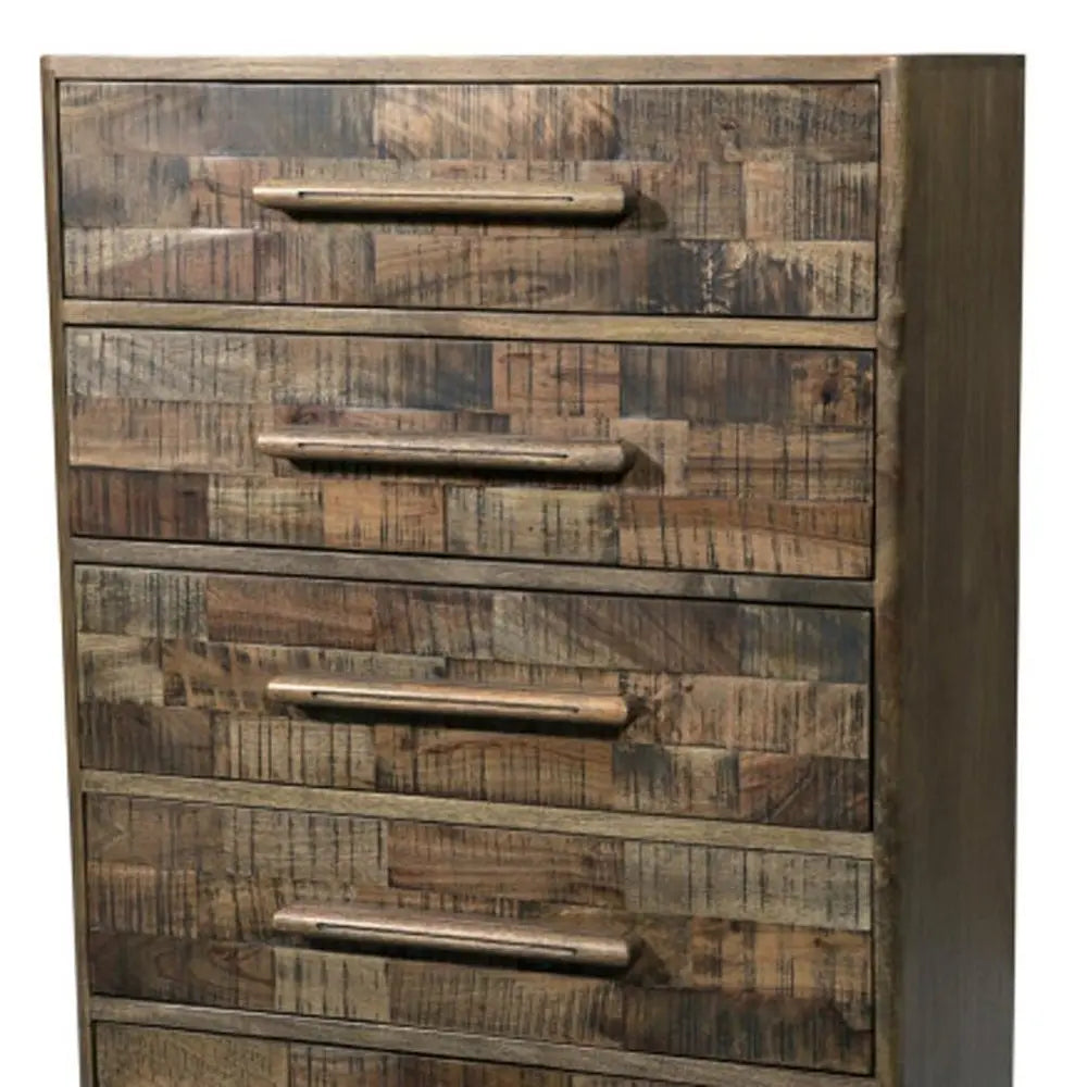 35" Brown Carved Geometric Solid Wood Five Drawer Dresser - NOBLE HOME INTERIORS