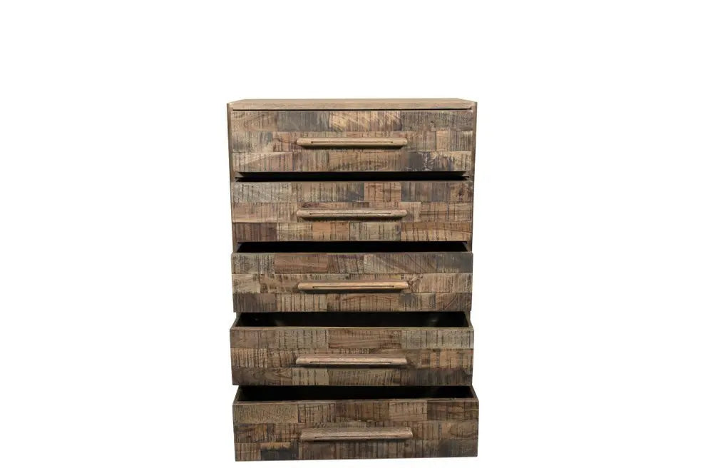 35" Brown Carved Geometric Solid Wood Five Drawer Dresser - NOBLE HOME INTERIORS