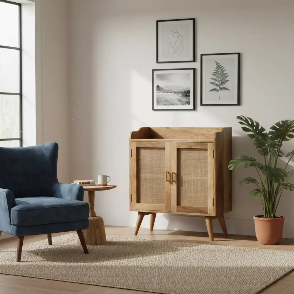 35" Brown Distressed Solid Wood Inlaid Rattan Accent Cabinet With Two Doors - NOVA HOME FURNITURE