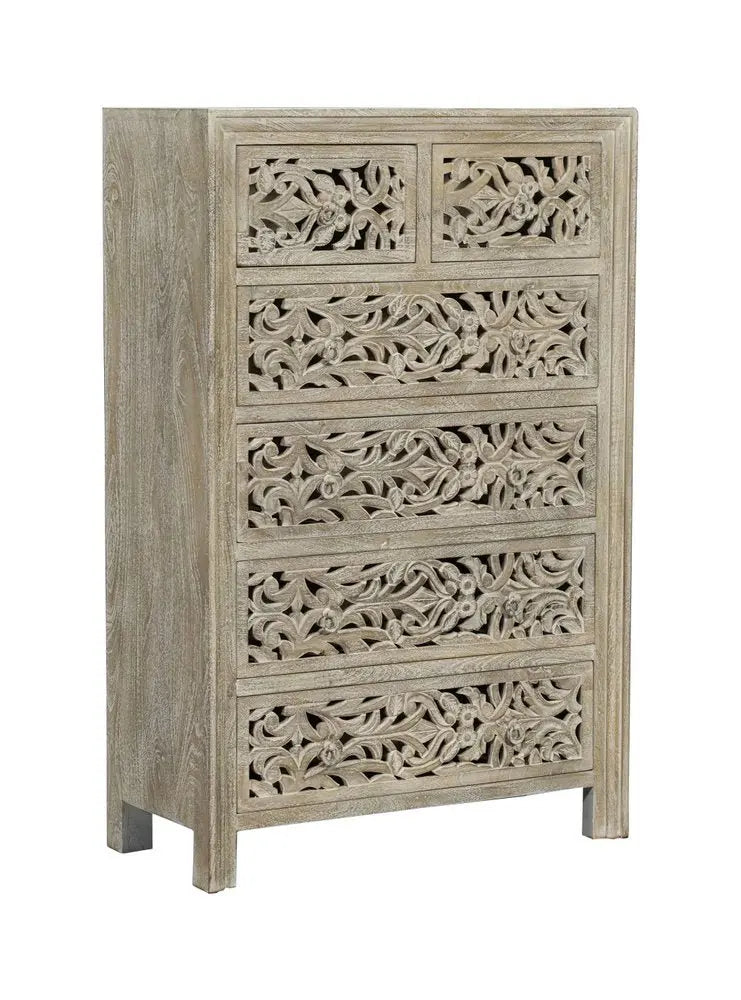 35" Gray Carved Floral Solid Wood Six Drawer Dresser - NOBLE HOME INTERIORS