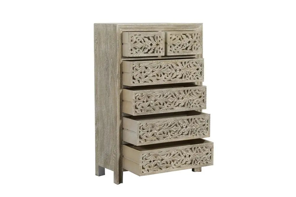 35" Gray Carved Floral Solid Wood Six Drawer Dresser - NOBLE HOME INTERIORS