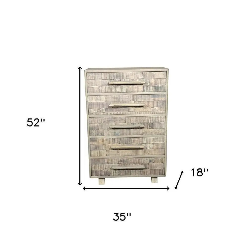 35" Gray Carved Geometric Solid Wood Five Drawer Dresser - NOBLE HOME INTERIORS