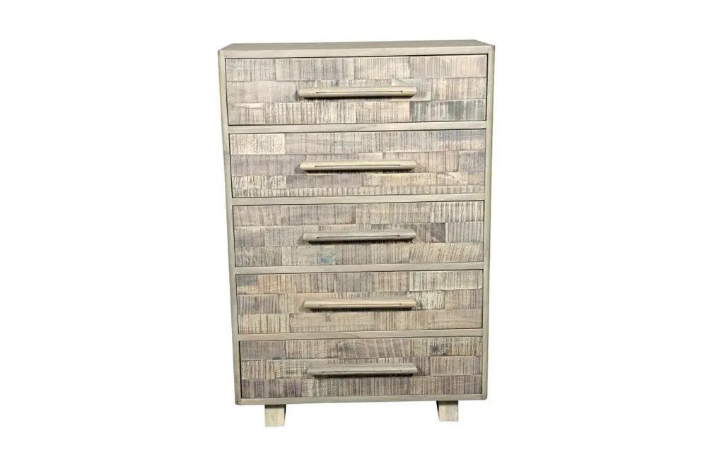 35" Gray Carved Geometric Solid Wood Five Drawer Dresser - NOBLE HOME INTERIORS