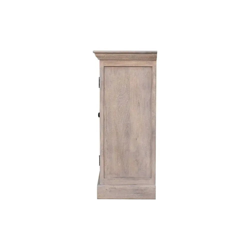 35" Light Gray and Clear Distressed Solid Wood Accent Cabinet With Three Doors - NOVA HOME FURNITURE