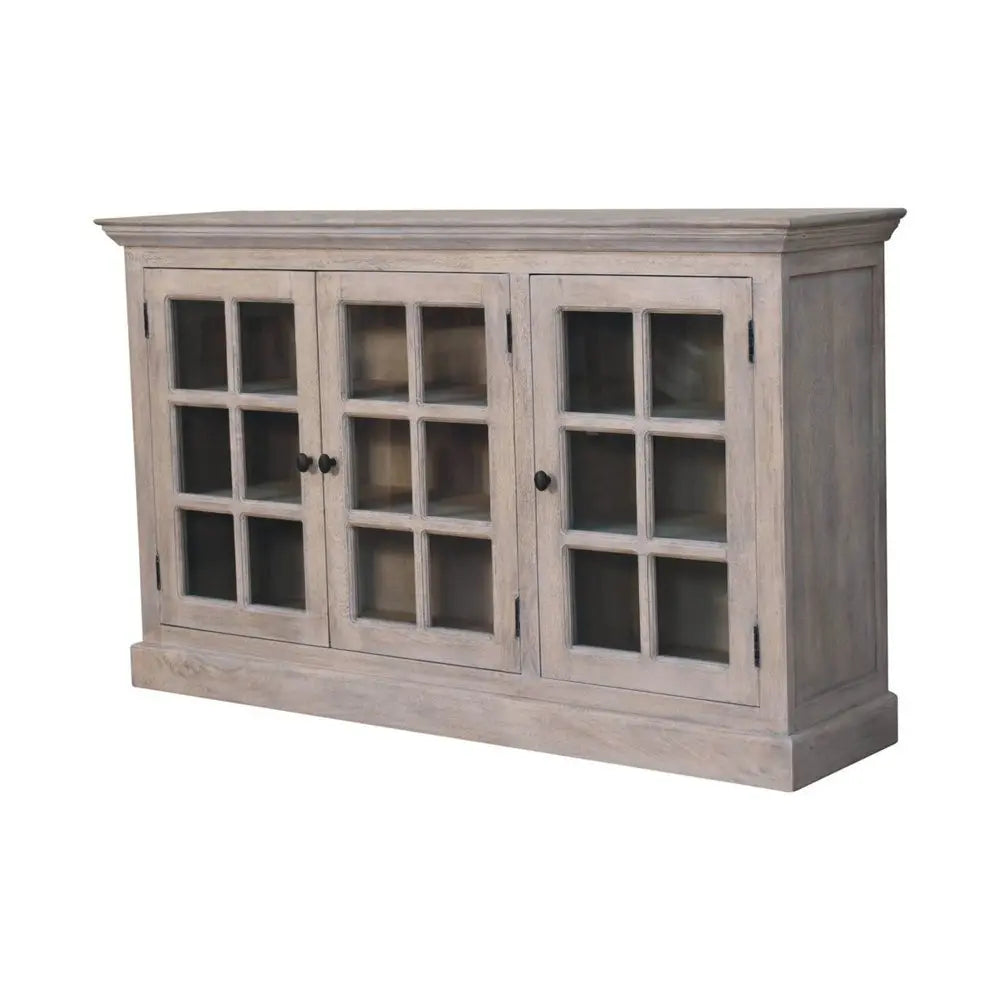 35" Light Gray and Clear Distressed Solid Wood Accent Cabinet With Three Doors - NOVA HOME FURNITURE