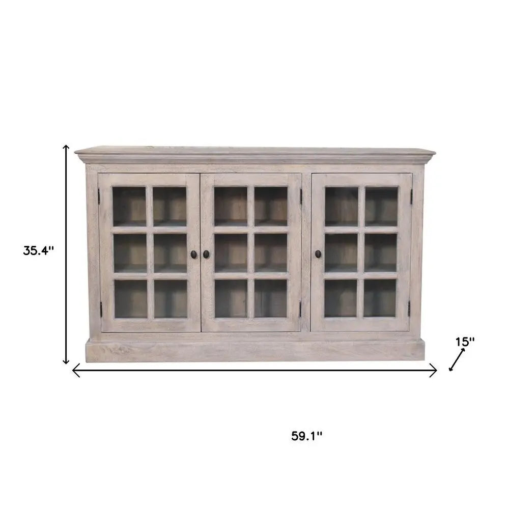 35" Light Gray and Clear Distressed Solid Wood Accent Cabinet With Three Doors - NOVA HOME FURNITURE