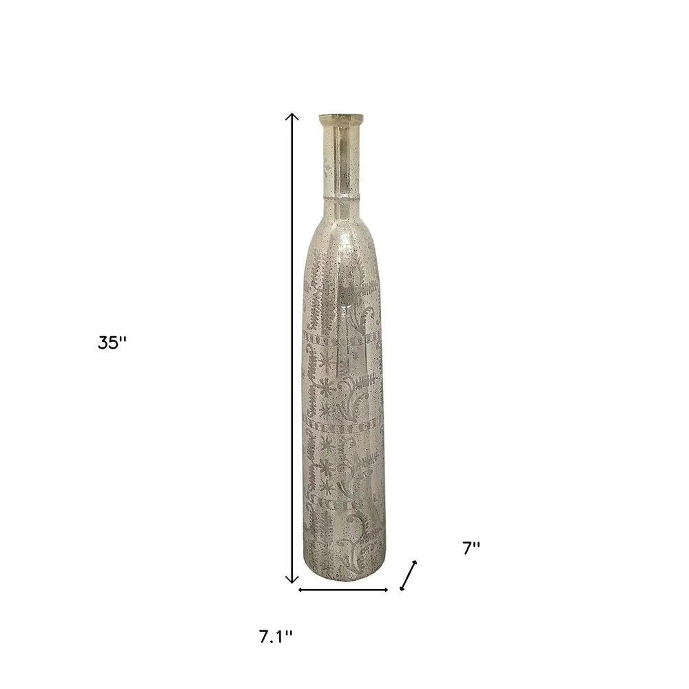 35" Silver Floral Glass Cylinder Floor Vase - NOBLE HOME INTERIORS