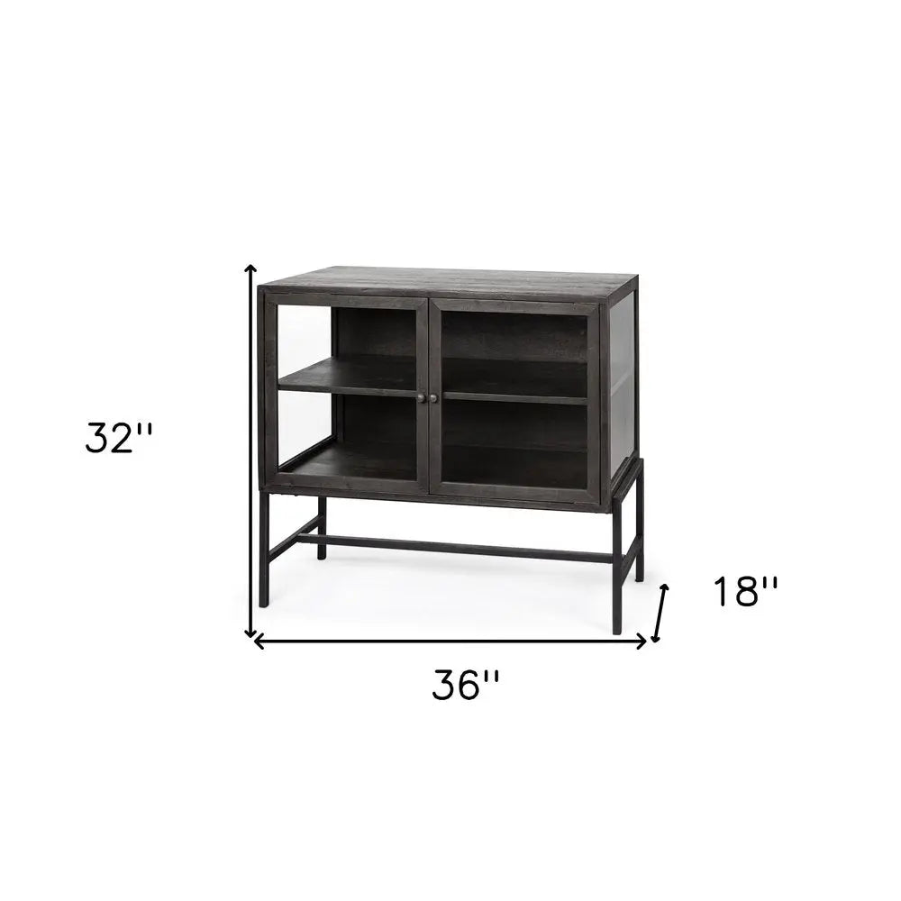 36" Brown and Black Solid Wood and Metal Display Cabinet With Two Doors - NOBLE HOME INTERIORS