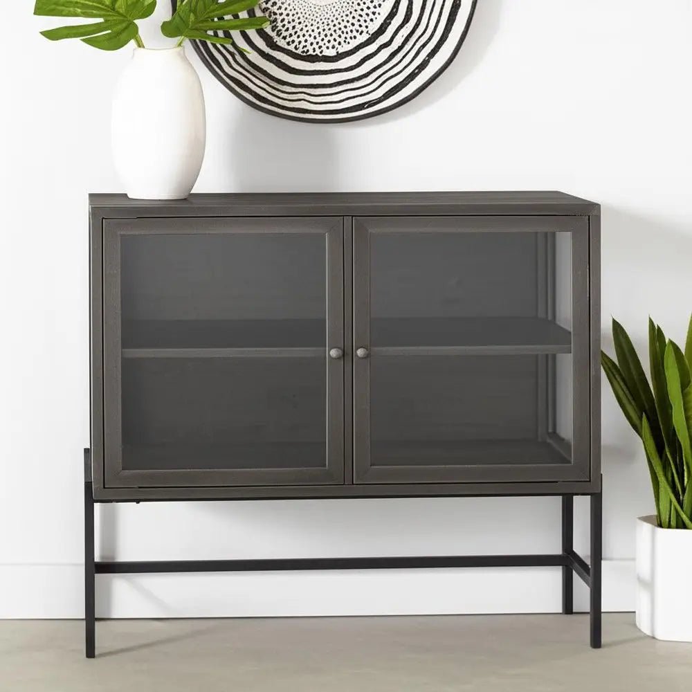 36" Brown and Black Solid Wood and Metal Display Cabinet With Two Doors - NOBLE HOME INTERIORS