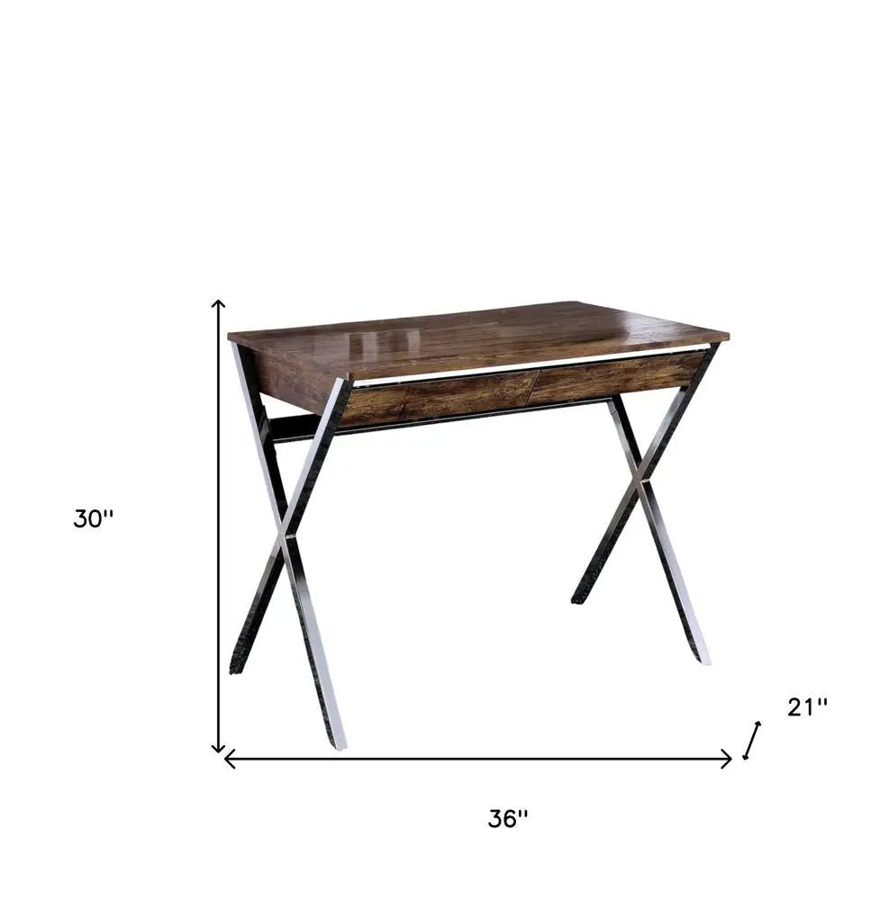 36" Brown and Silver Writing Desk With Two Drawers - NOBLE HOME INTERIORS