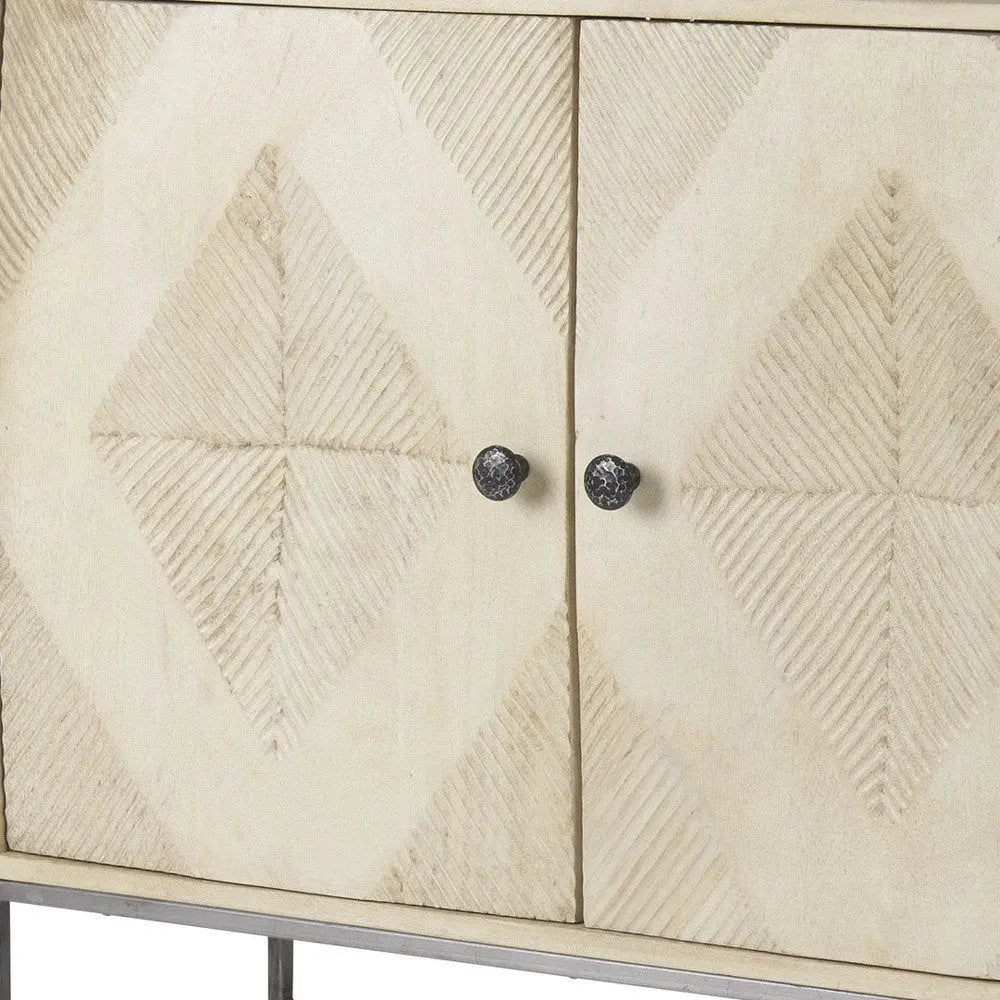 36" Cream and Gray Solid Wood and Iron Carved Geometric Accent Cabinet With Two Doors - NOVA HOME FURNITURE