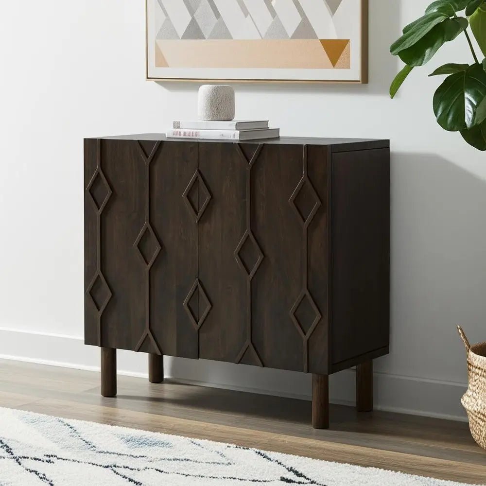 36" Dark Brown Solid Wood Carved Geometric Accent Cabinet With Two Doors - NOBLE HOME INTERIORS