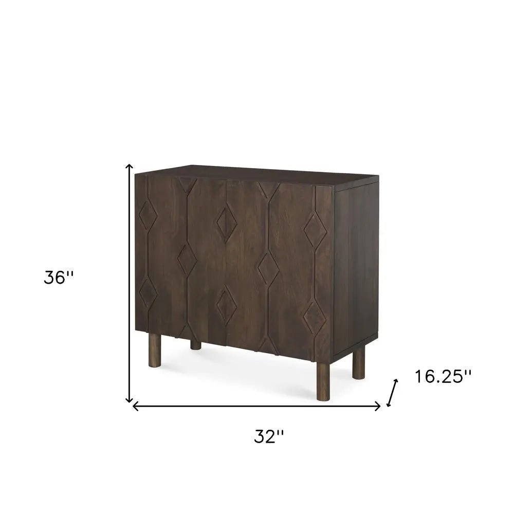 36" Dark Brown Solid Wood Carved Geometric Accent Cabinet With Two Doors - NOBLE HOME INTERIORS