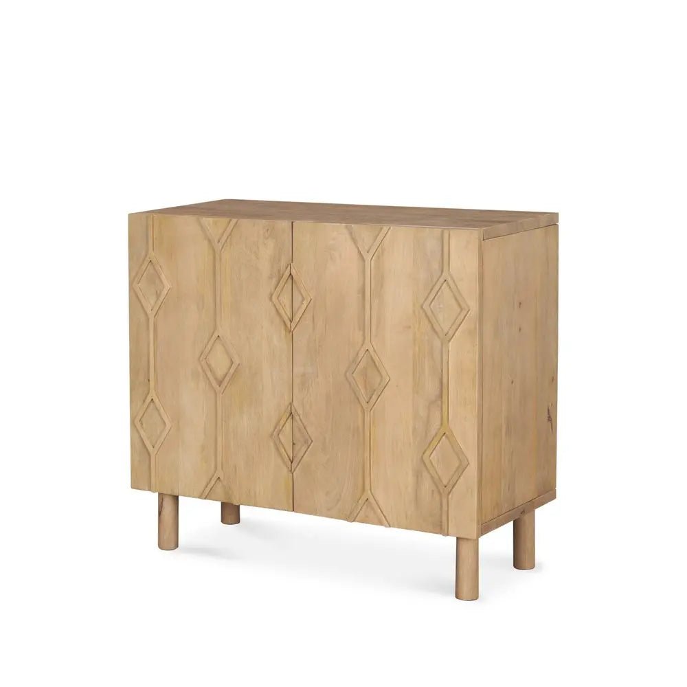 36" Natural Solid Wood Carved Geometric Accent Cabinet With Two Doors - NOBLE HOME INTERIORS