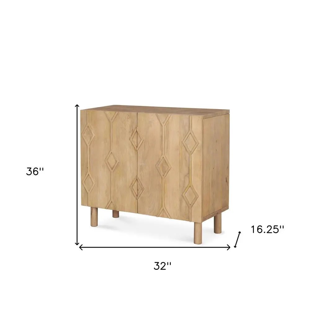 36" Natural Solid Wood Carved Geometric Accent Cabinet With Two Doors - NOBLE HOME INTERIORS