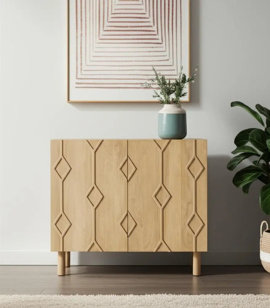 36" Natural Solid Wood Carved Geometric Accent Cabinet With Two Doors - NOBLE HOME INTERIORS