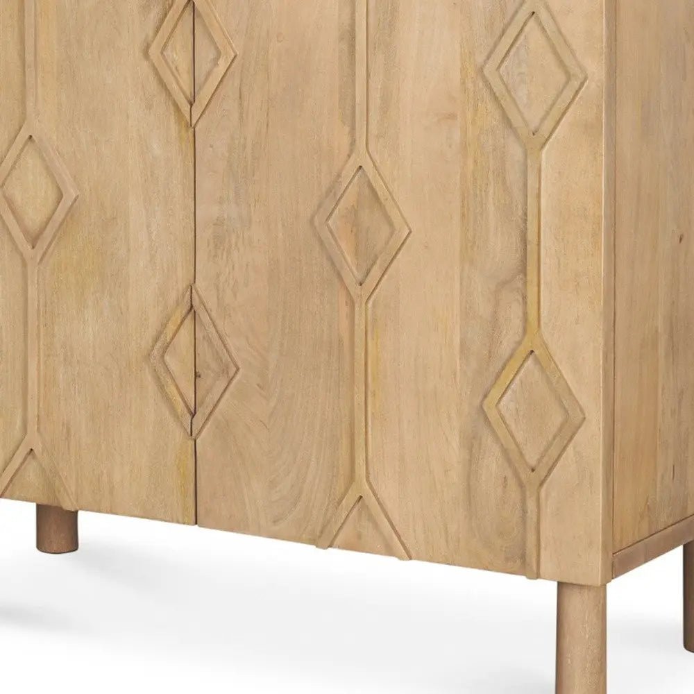 36" Natural Solid Wood Carved Geometric Accent Cabinet With Two Doors - NOBLE HOME INTERIORS