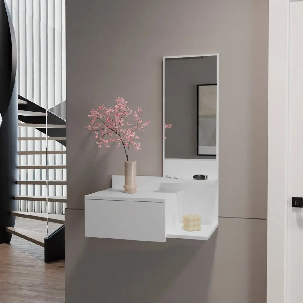 36" White Wood Wall Mounted Accent Cabinet With Drawer And Mirror - NOVA HOME FURNITURE