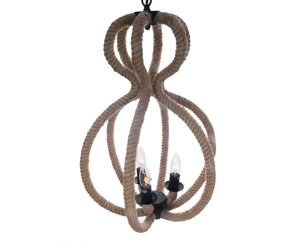 Natural and Black Iron and Rope Three Light Ceiling Light HomeRoots