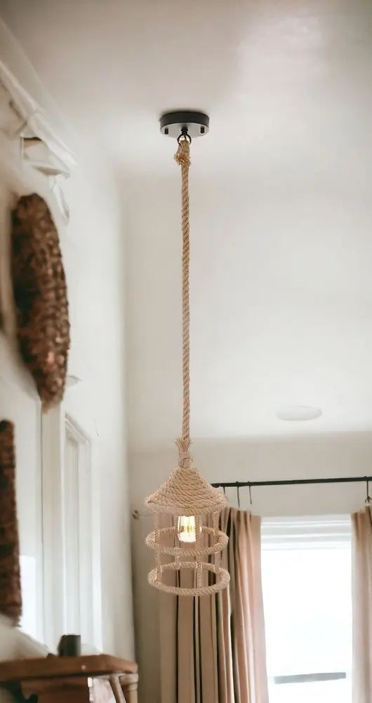 Beige and Black Iron and Rope Ceiling Light HomeRoots