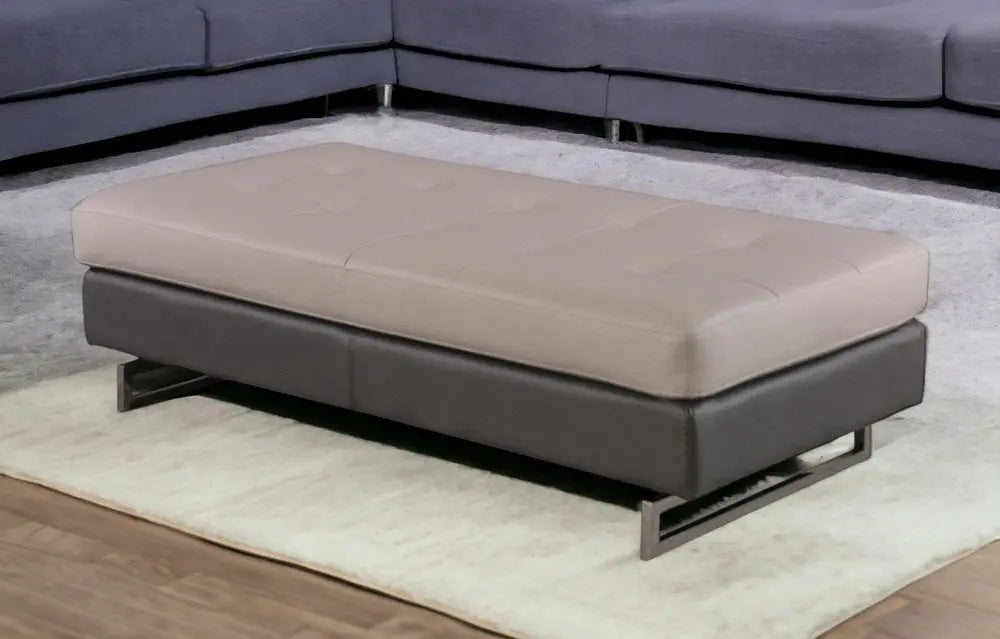 63" Taupe Brown and Silver Faux Leather Tufted Ottoman HomeRoots