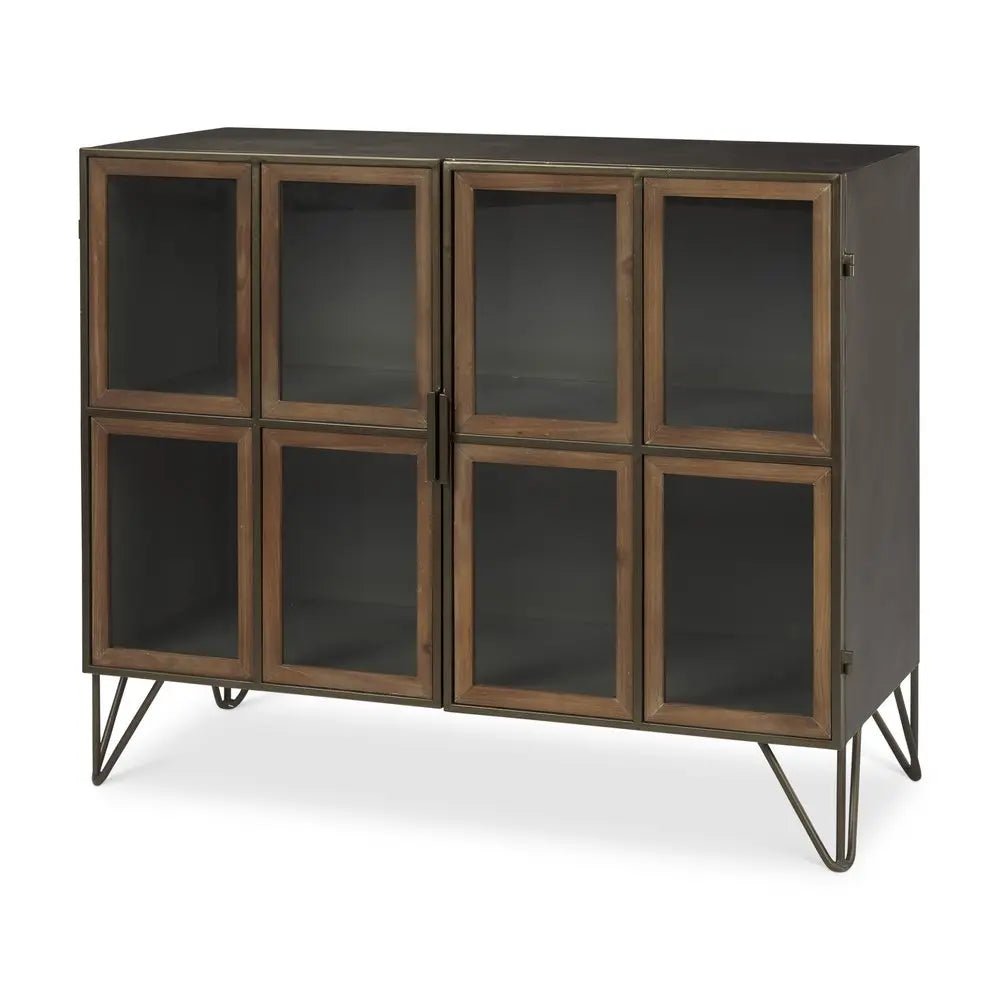 37" Antiqued Brass and Brown Metal and Solid Wood Accent Cabinet With Two Doors - NOBLE HOME INTERIORS