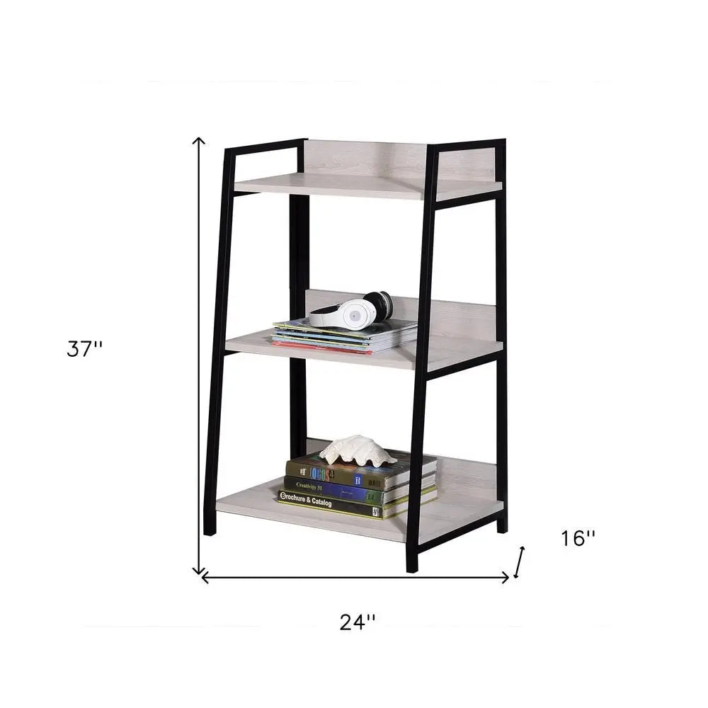 37" Natural and Black Metal Three Tier Ladder Bookcase - NOBLE HOME INTERIORS